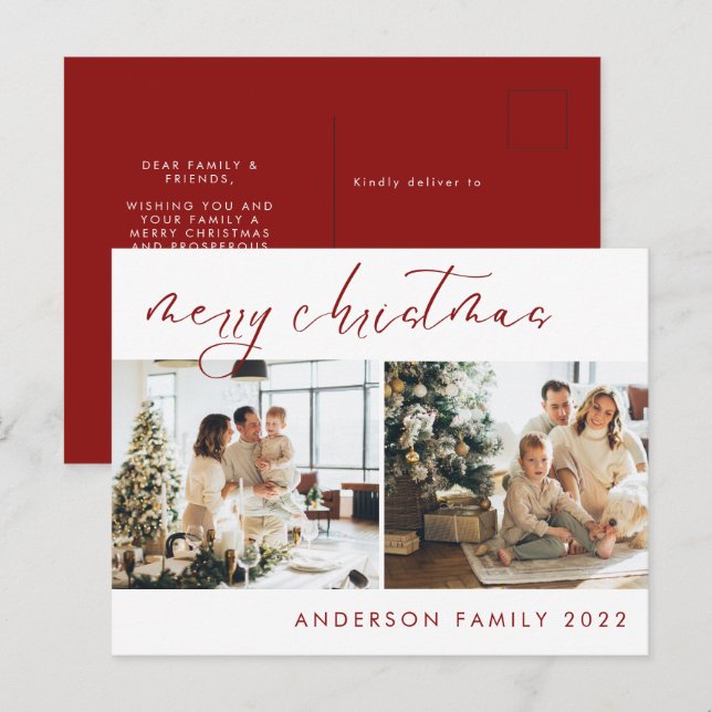 Elegant Script Christmas Greeting | Red Postcard (Front/Back)