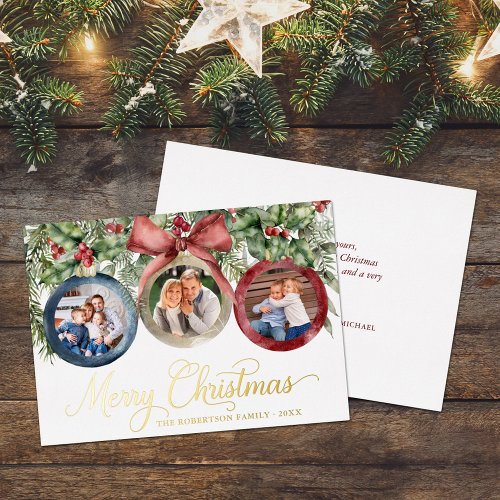Elegant Script Christmas Ornaments Family Photos Foil Holiday Card