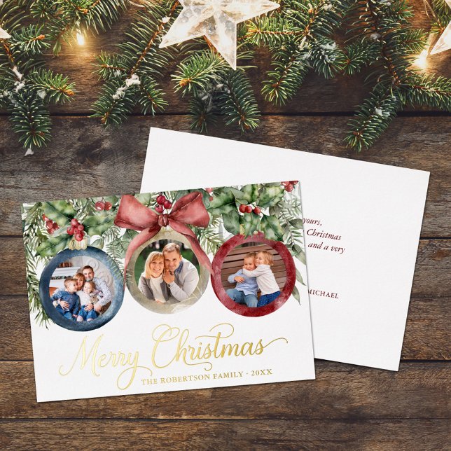 Elegant Script Christmas Ornaments Family Photos Foil Holiday Card (Creator Uploaded)