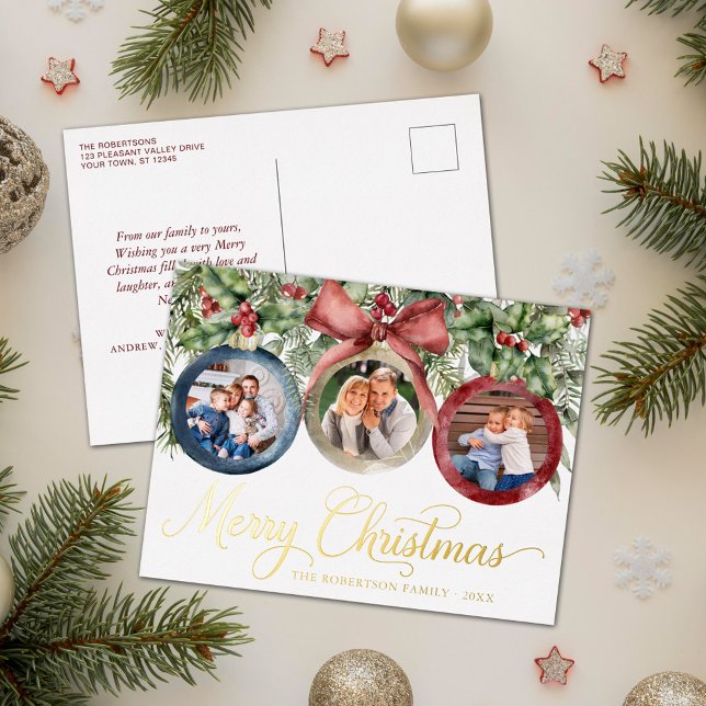 Elegant Script Christmas Photos Ornaments Gold Foil Holiday Postcard (Creator Uploaded)