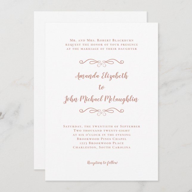 Elegant Script Classic Formal Wedding Rose Gold Invitation (Front/Back)