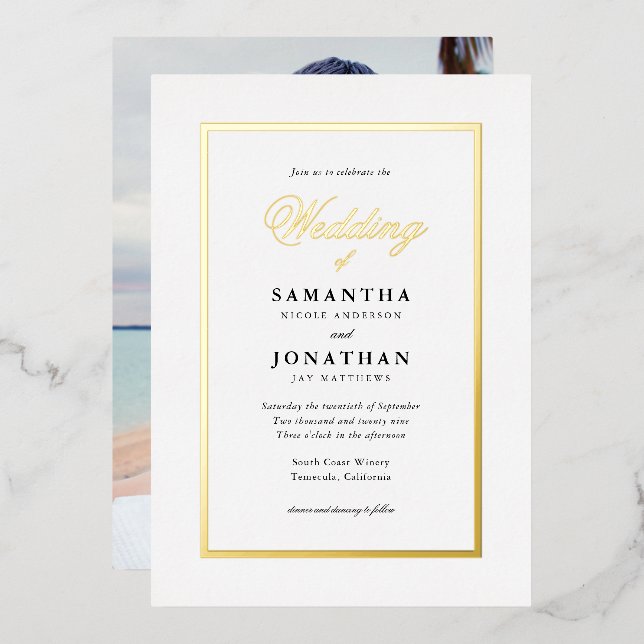 Elegant Script Classic Minimal Photo Wedding Gold Foil Invitation (Front/Back)