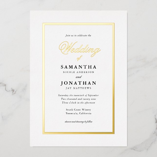 Elegant Script Classic Minimal Wedding Gold Foil Invitation (Front)