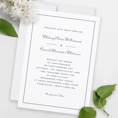 Elegant Script Classic Navy White Formal Weddings  Invitation