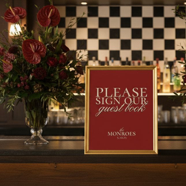 Elegant Script Classic Red Wedding Guestbook (Invite guests to leave their love and well wishes with this Old Money Red Wedding Guestbook Sign!)