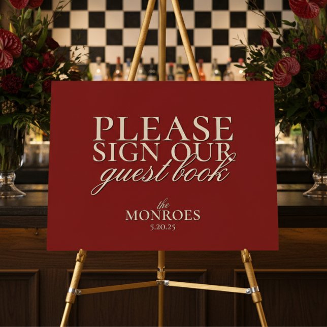 Elegant Script Classic Red Wedding Guestbook Foam Board (Invite guests to leave their love and well wishes with this Old Money Red Wedding Guestbook Sign!)