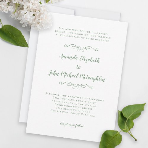 Elegant Script Classic Wedding Sage Green White In Invitation