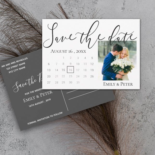 Elegant Script Classy Back White Wedding Photo Save The Date (Creator Uploaded)