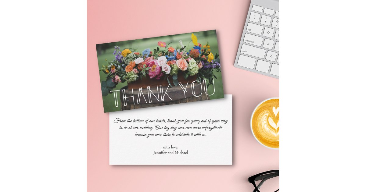 elegant script colorful flowers wedding thank you note card | Zazzle