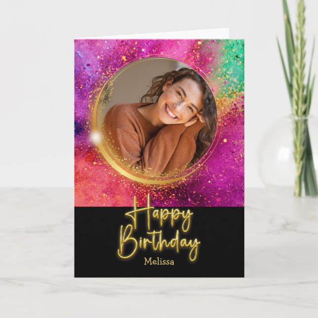 Elegant Script Colorful Glitter Photo Birthday Card (Front)