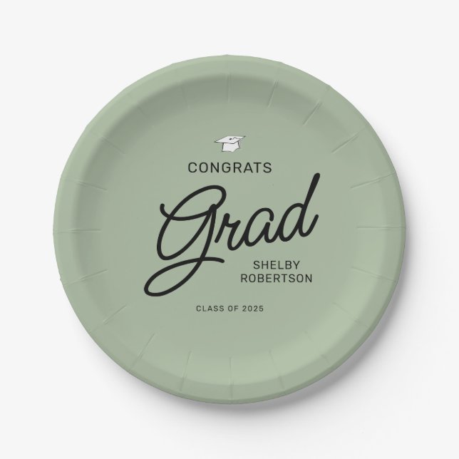 Elegant Script Congrats Grad Graduation Party Paper Plates (Front)