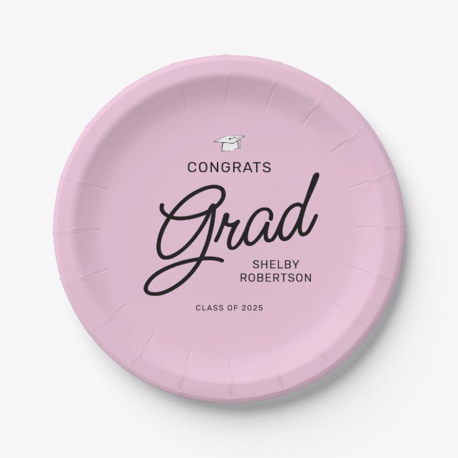 Elegant Script Congrats Grad Graduation Party Paper Plates (Front)