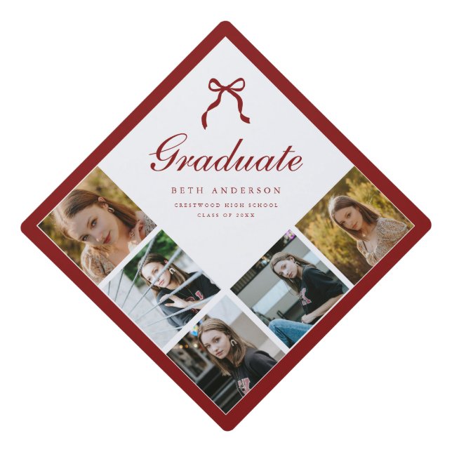 Elegant Script Coquette 5-Photo Collage Graduation Cap Topper (Front)