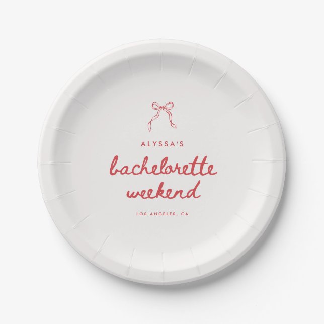 Elegant Script Coquette Bow Custom Bachelorette Paper Plates (Front)
