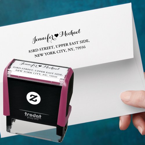 Elegant Script Couple Heart Wedding Return Address Self_inking Stamp
