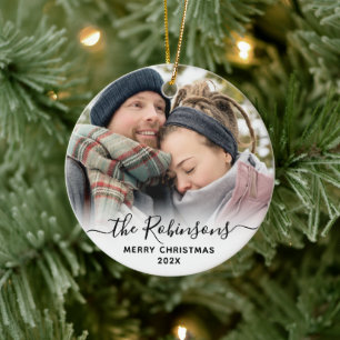 Elegant Script Couple Name Photo Merry Christmas Ceramic Ornament