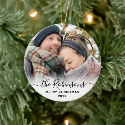 Elegant Script Couple Name Photo Merry Christmas   Ceramic Ornament