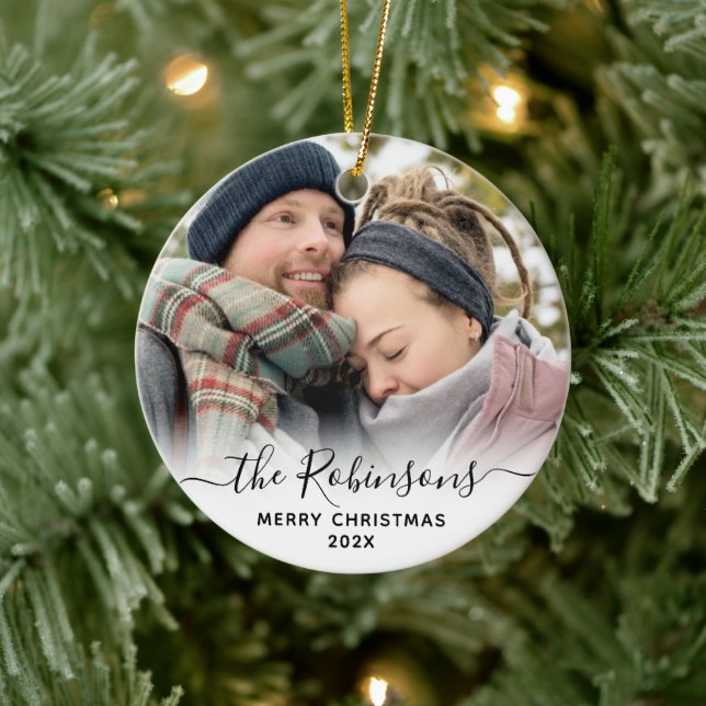 Elegant Script Couple Name Photo Merry Christmas   Ceramic Ornament (Tree)