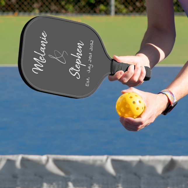 Elegant Script Couple Names Date Typography Gray Pickleball Paddle (Insitu)