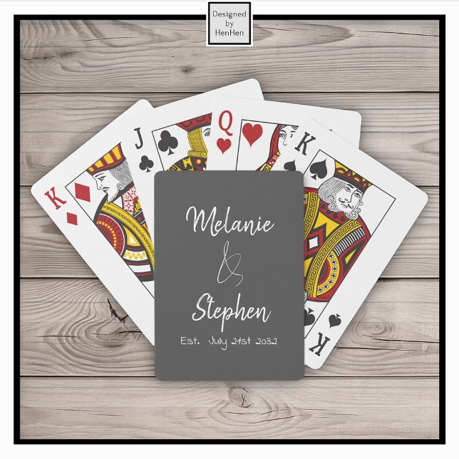 Elegant Script Couple Names Date Typography Gray Poker Cards (Creator Uploaded)