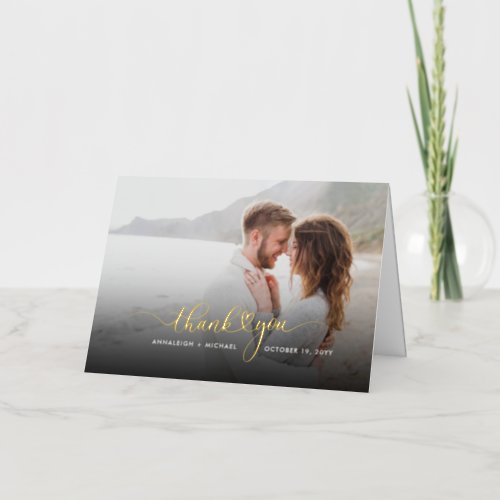 Elegant Script Couple Photo Wedding Thank You Gold Foil Greeting Card