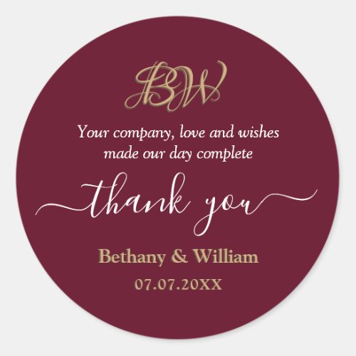 Elegant Script Couples Monogram Thank You Favor  Classic Round Sticker