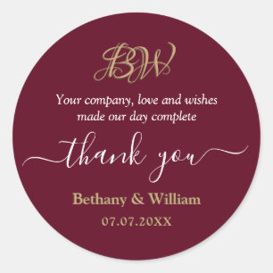 Elegant Script Couples Monogram Thank You Favor  Classic Round Sticker