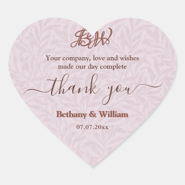 Elegant Script Couples Monogram Thank You  Heart Sticker (Front)
