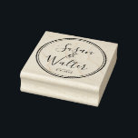 Elegant Script Couple's Names With Wedding Date Rubber Stamp<br><div class="desc">Create your own Elegant Script Couple's Names With Wedding Date rubber stamp. A sophisticated calligraphy font into a distressed round circle frame will create a rustic and cool typography effect. Edit names and change elements position. Perfect for scrapbooking,  weddings,  personalized gifts.</div>
