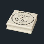 Elegant Script Couple's Names With Wedding Date Rubber Stamp<br><div class="desc">Create your own Elegant Script Couple's Names With Wedding Date rubber stamp. A sophisticated calligraphy font into a distressed round circle frame will create a rustic and cool typography effect. Edit names and change elements position. Perfect for scrapbooking,  weddings,  personalized gifts.</div>