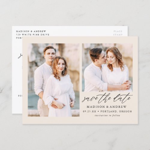 Elegant Script Cream 2 Photo Save the Date Announcement Postcard