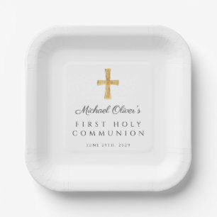 Elegant Script Cross First Holy Communion Paper Plates