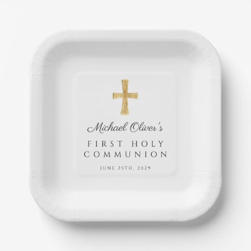 Elegant Script Cross First Holy Communion Paper Plates