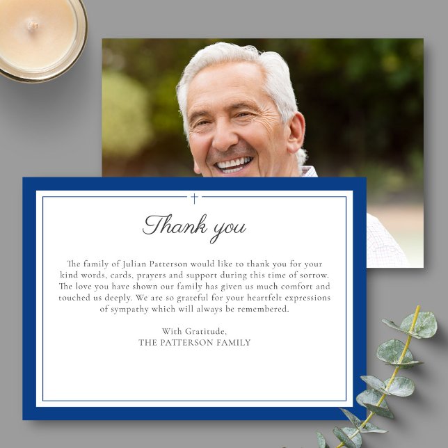 Elegant Script Cross Funeral Photo Thank You Card (Creator Uploaded)