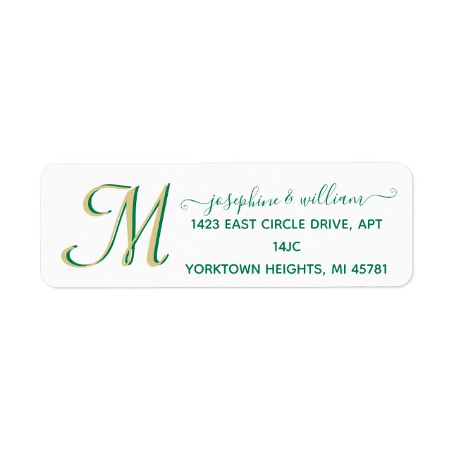 Elegant Script Custom Gold Green Monogram Name  Label (Front)