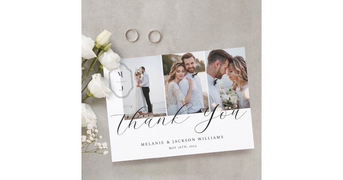 Elegant Script Custom Monogram Wedding 3 Photo Thank You Card | Zazzle