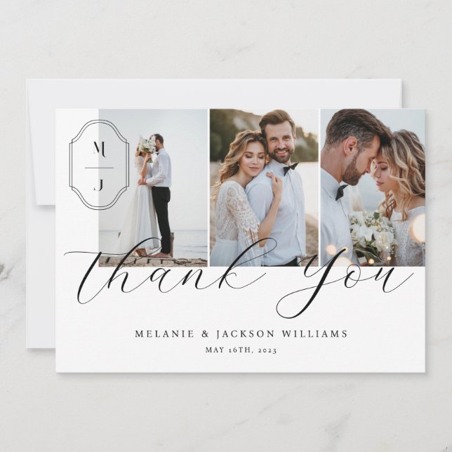 Elegant Script Custom Monogram Wedding 3 Photo Thank You Card (Front)