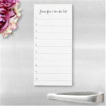 Elegant Script Custom Name Personalized To-Do List Magnetic Notepad<br><div class="desc">Add a name, and easily create your personalized to-do list notepad. Click CUSTOMIZE FURTHER to change the background color or text color. You can TRANSFER this DESIGN on other Zazzle products and adjust it to fit most of the Zazzle items. Standard Studio designs are made in high-resolution vector graphics for...</div>
