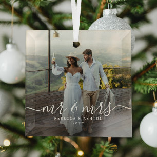 Elegant Script & Custom Newlyweds Photo Christmas Glass Ornament
