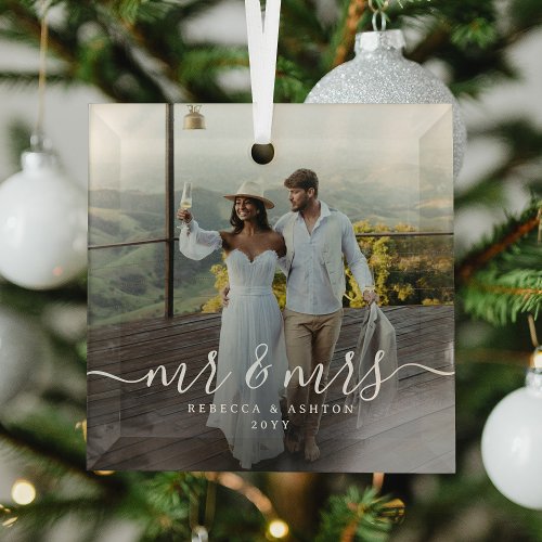 Elegant Script &amp; Custom Newlyweds Photo Christmas Glass Ornament