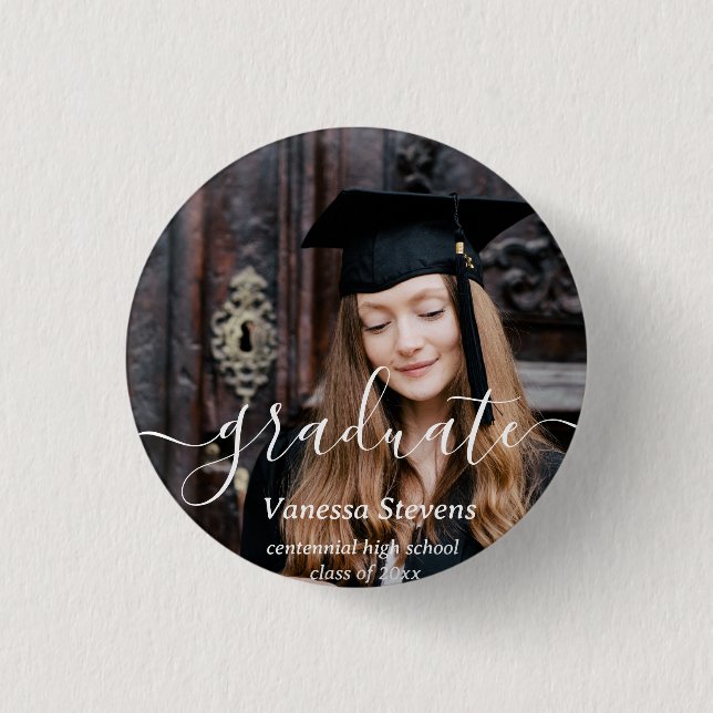 Elegant Script Custom Photo Graduation  Button (Front)