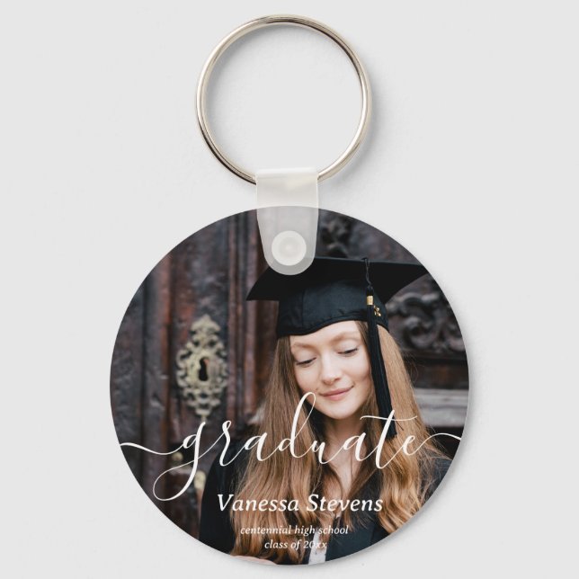 Elegant Script Custom Photo Graduation  Keychain (Front)