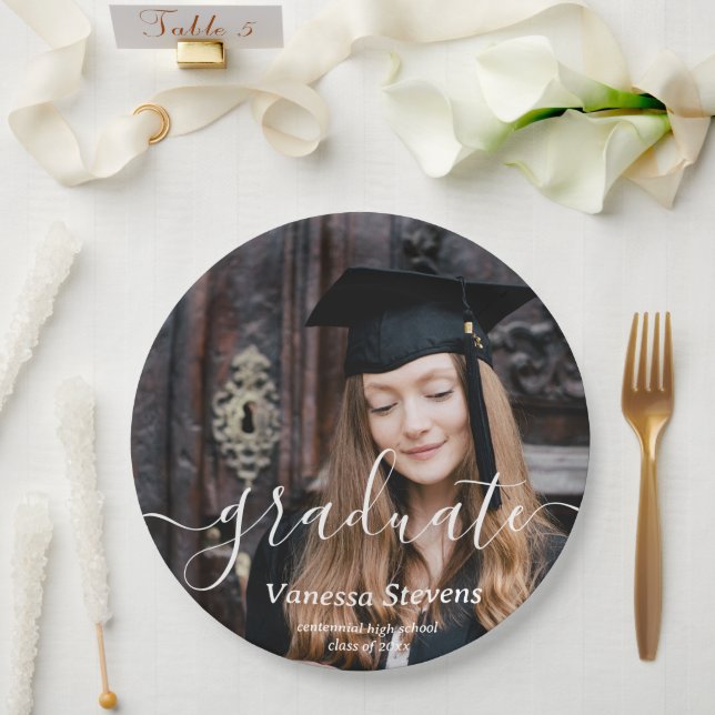 Elegant Script Custom Photo Graduation  Paper Plates (Wedding)