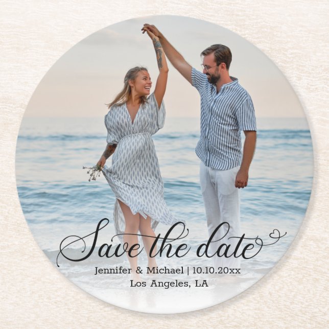 Elegant Script Custom Photo Save the Date Round Paper Coaster (Front)