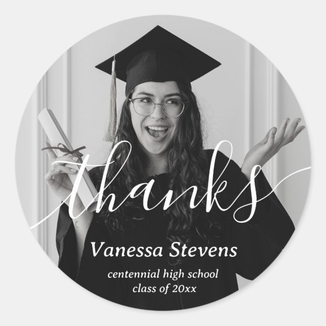 Elegant Script Custom Photo thanks Graduation  Classic Round Sticker (Front)