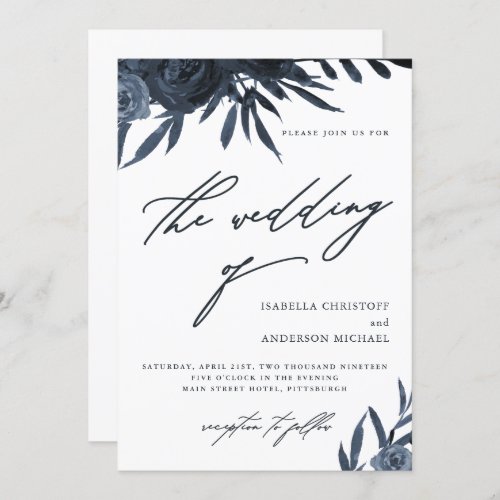 Elegant Script Dark Blue Floral Wedding Invitation