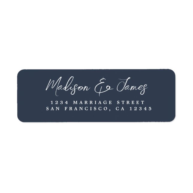 Elegant Script Dark Blue Wedding Return Address Label (Front)
