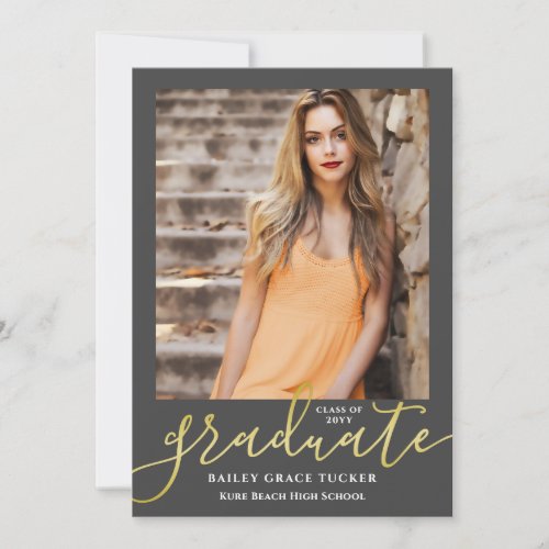 Elegant Script Dark Gray Gold 2_Photo Graduation Announcement