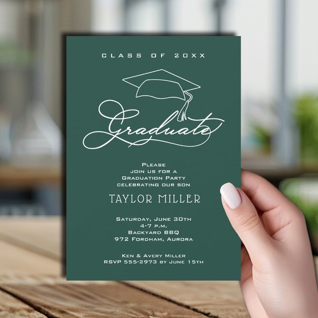 Elegant Script Dark Green Graduation Invitation (Elegant white script and grad hat dark green graduation party invitations)