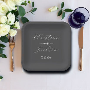 Elegant Script Dark Grey Wedding Paper Plates